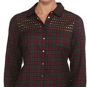 Jordache NEW womens plaid studded button down